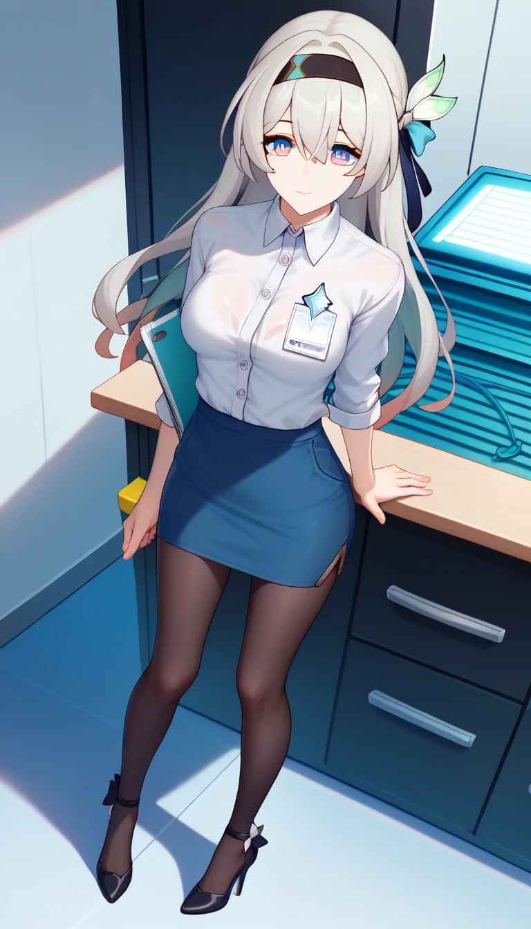 cinematic lighting, best quality, masterpiece, highres, detailed, perfect anatomy, dynamic_angle, firefly \(honkai: star rail\), 1girl, solo, white flower, medium breasts, sexy, office outfit, employee tag, white shirt, short skirt, leggings, high heels, looking at viewer, full body view,firefly \(honkai: star rail\),1girl,solo,white flower,headband, stelle_\(honkai:_star_rail\), 