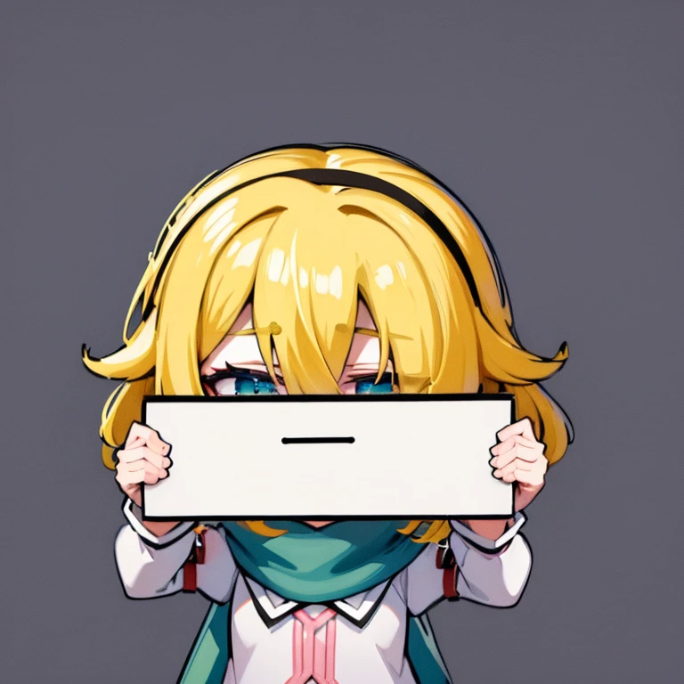 HS, masterpiece, best quality, highres, 1girl, future princess guardian tales, yellow hair, short hair, hair band, bangs, hair over one eye, one eye covered, blue eyes, upper body, green scarf, chibi, chibi emote holding blank sign, simple background, chibi,