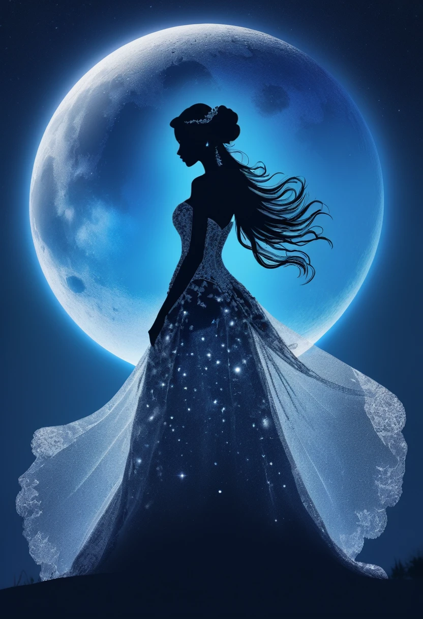 1Bride attire silhouette art, multiple exposure, blue Moon, improve, complex, (best quality, masterpiece, representative work, official art, professional, unified 8k wallpaper:1.3)