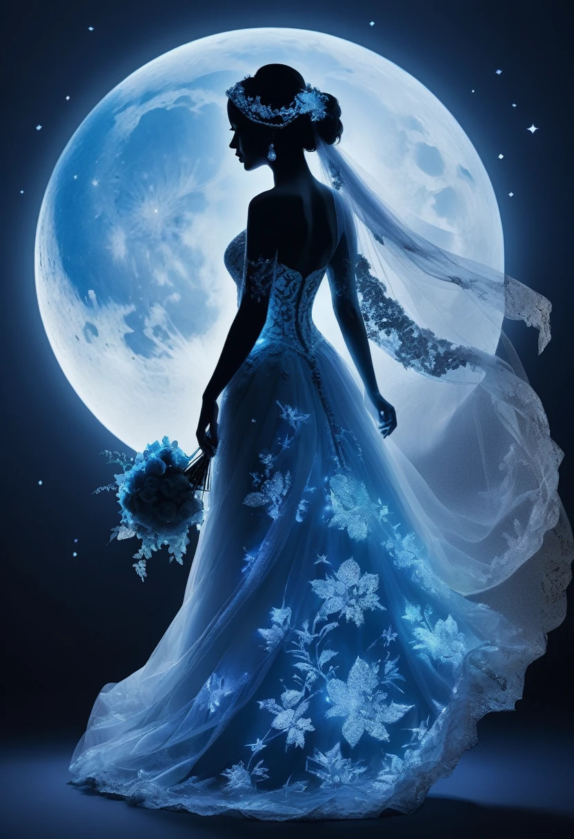 1Bride attire silhouette art, multiple exposure, blue Moon, improve, complex, (best quality, masterpiece, representative work, official art, professional, unified 8k wallpaper:1.3)