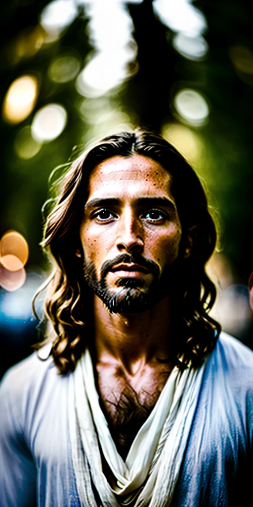 portrait of modern day Jesus, cinematic lighting, depth of field, bokeh, realism, photorealistic, hyperrealism, professional photography, uhd, dslr, hdr