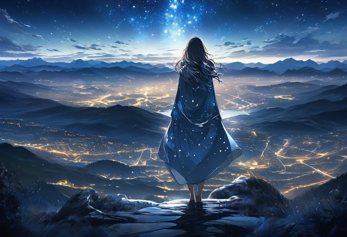 8k,((Highest quality)),((high-res)),back view of 1 woman,night,front of a beautiful landscape