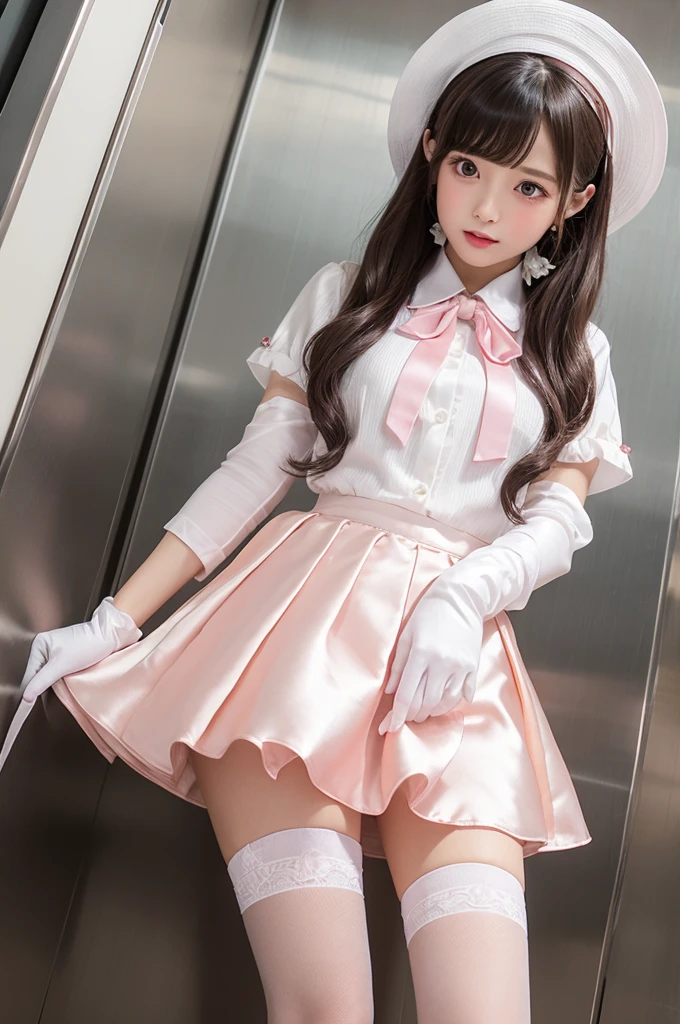 Highest quality、Elevator Girl、Shiny silk dress、Short pink jacket、White blouse with ribbon、Micro Mini Skirt、Very short skirt、Tight Skirt、A small round hat with a ribbon、Skinny、White gloves、White over-the-knee socks、Flushed Cheeks、Embarrassed look、Pull the skirt down with your hands