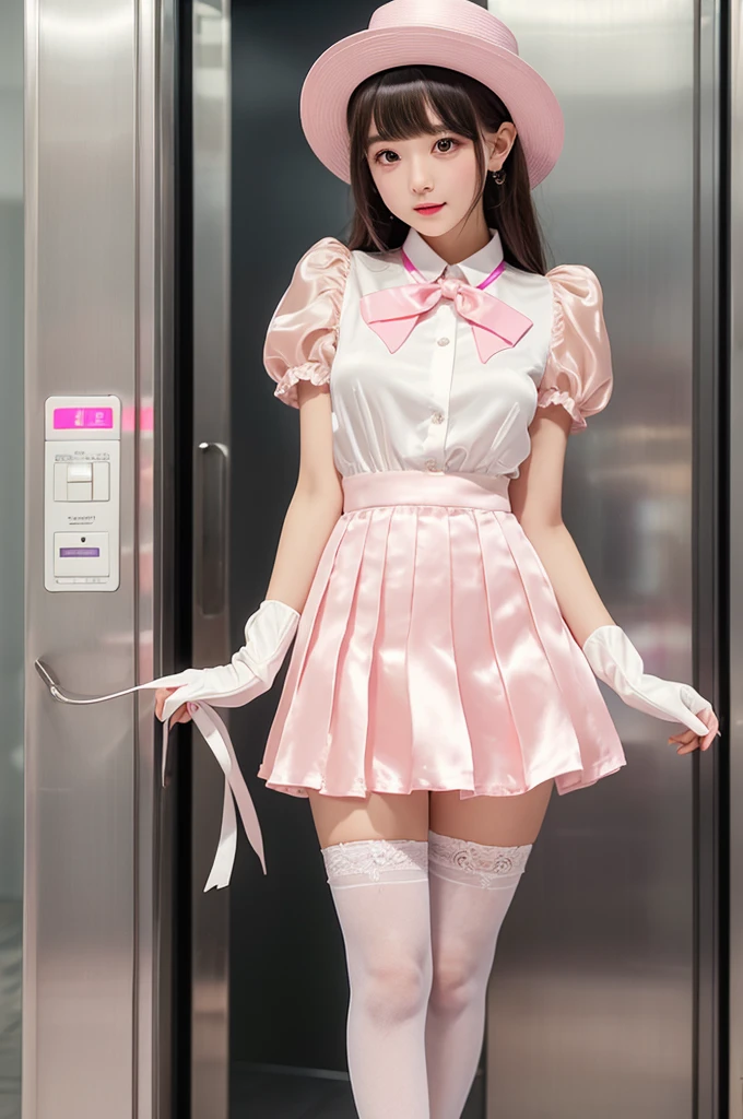 Highest quality、Elevator Girl、Shiny silk dress、Short pink jacket、White blouse with ribbon、Micro Mini Skirt、Very short skirt、Tight Skirt、A small round hat with a ribbon、Skinny、White gloves、White over-the-knee socks、Flushed Cheeks、Embarrassed look、Pull the skirt down with your hands