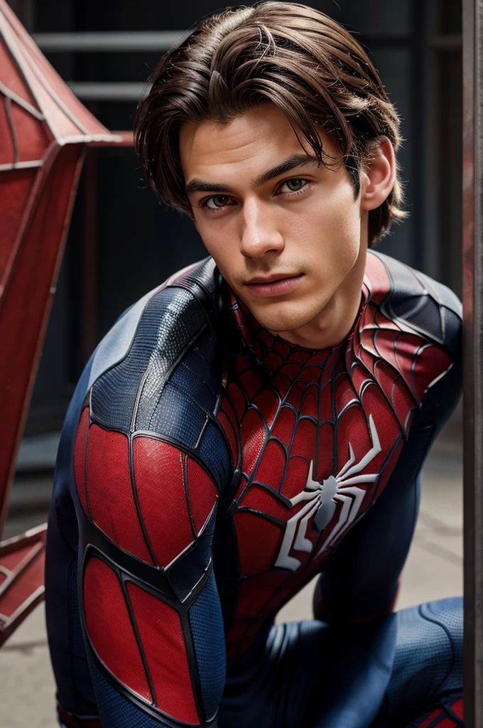 A photograph of spider man, no mask, 20 yo, handsome, detailed face, looking at camera, portrait, 8k uhd, high quality