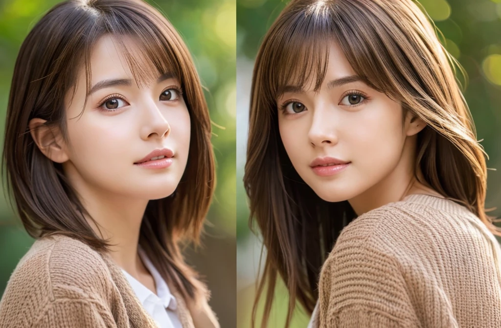 8K, top-quality, masterpiece, realisitic, Photorealsitic, ultra-detailliert, Natural sunlight, extremely detailed face and skin, A detailed eye, Highly detailed face-to-skin intermediate shots, Beautiful woman looking at camera, sexy pose, Beautiful face, Realistic face, Detailed face, Beautiful hairstyle, Realistic eyes, Detailed eyes, Realistic skin, Detailed skin, Beautiful skin, Attractive, A hyper-realistic, Sexy cardigan, Gentle, Brown hair, cute Japanese girls, Full body