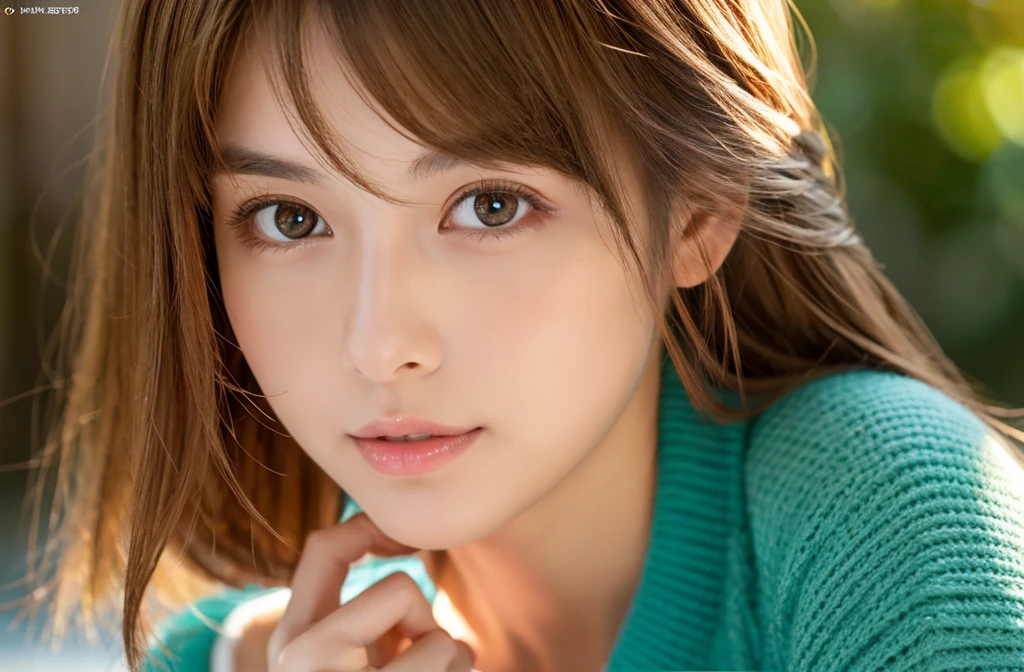8K, top-quality, ​masterpiece, realisitic, Photorealsitic, ultra-detailliert, Natural sunlight, extremely detailed face and skin, A detailed eye, Highly detailed face-to-skin intermediate shots, Beautiful woman looking at camera, sexy  pose, Beautiful face, Realistic face, Detailed face, Beautiful hairstyle, Realistic eyes, Detailed eyes, Realistic skin, Detailed skin, Beautiful skin, Attractive, A hyper-realistic, Sexy cardigan, Gentle, Brown hair, cute Japanese girls, Full body