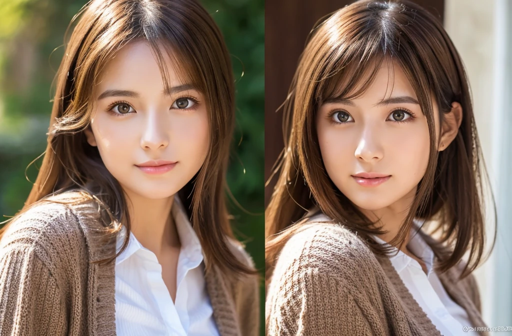 8K, top-quality, ​masterpiece, realisitic, Photorealsitic, ultra-detailliert, Natural sunlight, extremely detailed face and skin, A detailed eye, Highly detailed face-to-skin intermediate shots, Beautiful woman looking at camera, sexy  pose, Beautiful face, Realistic face, Detailed face, Beautiful hairstyle, Realistic eyes, Detailed eyes, Realistic skin, Detailed skin, Beautiful skin, Attractive, A hyper-realistic, Sexy cardigan, Gentle, Brown hair, cute Japanese girls, Full body
