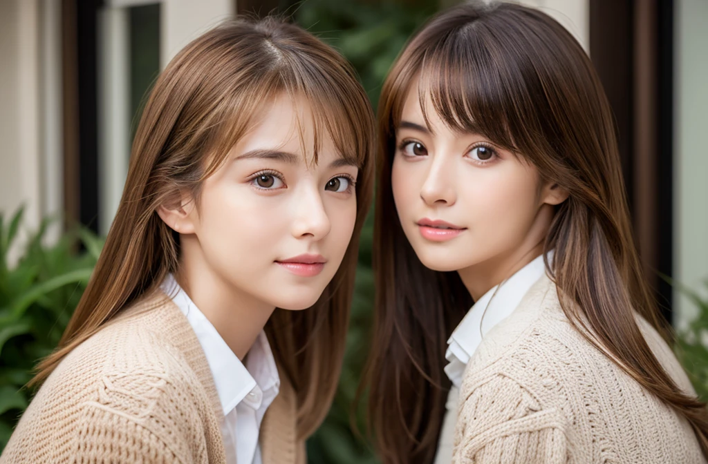 8K, top-quality, masterpiece, realisitic, Photorealsitic, ultra-detailliert, Natural sunlight, extremely detailed face and skin, A detailed eye, Highly detailed face-to-skin intermediate shots, Beautiful woman looking at camera, sexy pose, Beautiful face, Realistic face, Detailed face, Beautiful hairstyle, Realistic eyes, Detailed eyes, Realistic skin, Detailed skin, Beautiful skin, Attractive, A hyper-realistic, Sexy cardigan, Gentle, Brown hair, cute Japanese girls, Full body