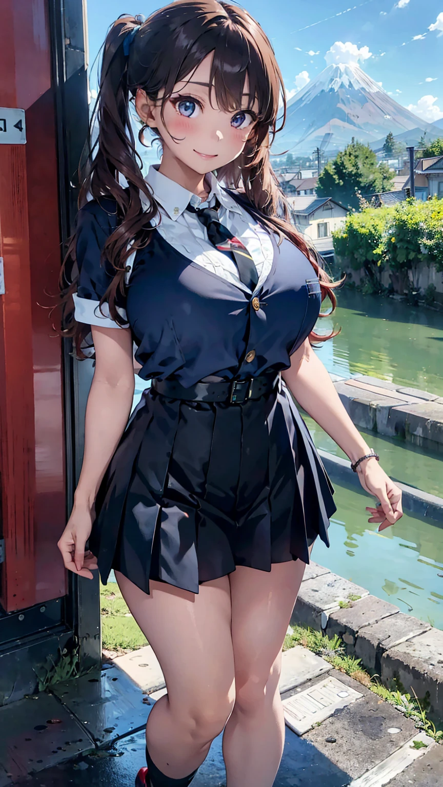 mix4, 20d, solo, long_hair, shirt, dress, high_heels, full_body, look_at_viewer, (8k, RAW photo, best quality, mastery:1.2), (realistic, photo-realistic:1.37), professional lighting, photon mapping, light energy transfer, physically based rendering, ((huge perky breasts, thick thighs, eyes)) colour full short dress, pleated  (day time, Mt Fiji in background))((