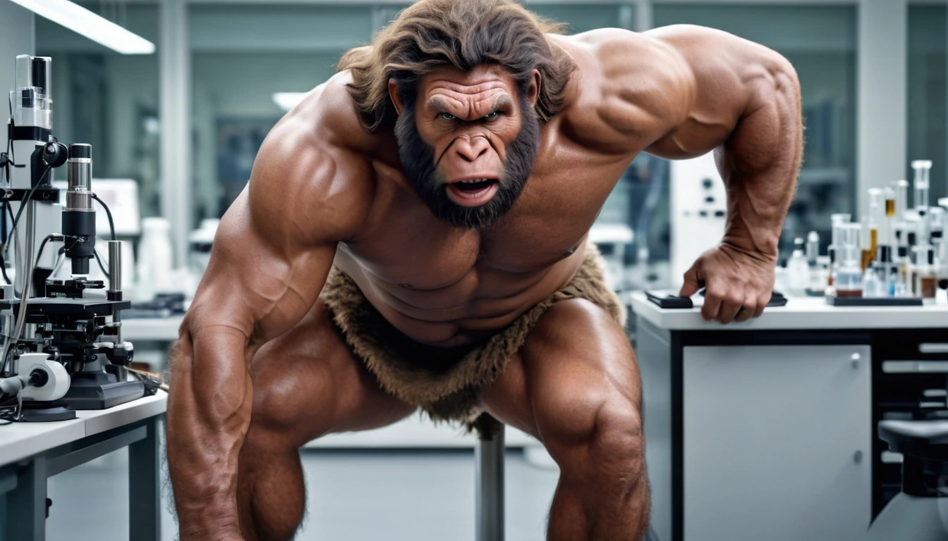 (RAW photo of a Neanderthals:1) , (hyper realistic:1.4), Historical, primitive, (Neanderthal man),(half gorilla mix :0.55), tall, (very muscular:1.8), (hairy body:1.5),(detail face:1.1), tan skin, thick arms, (veiny arms:1), (bloated gut:1.1),(wearing loincloth:1.1), thick legs, rounded pecs, big arms, veiny arms, hunching down, dark brown skin, ( in a lab surrounded by thin scientists:1.1) ,hdr, photorealistic
masterpiece, cinematic, best quality, sharp focus,