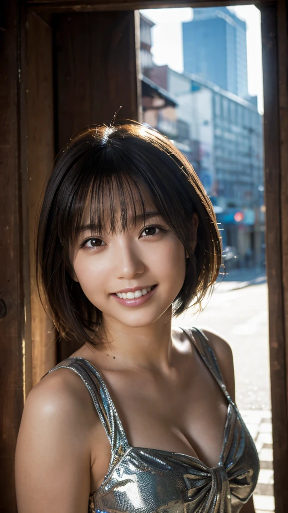 (Highest quality,masterpiece:1.3,Ultra-high resolution),(Very detailed,Caustics,8K), (Realistic:1.4, RAW shooting),(A city shrouded in mystery, Dense teeth), Sunlight shining through ,Light pours down,26 years old,cute,Are standing,(smile),Looking into the camera,Short black hair,(Shiny silver dress), (Bust up shot),(Low position),(Low Angle),Natural light,
