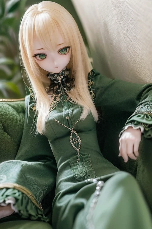 photorealistic, realistic photo, (sfw:2), ((highest quality)), ((masterpiece)), (extremely detailed), kukolnydom, doll, (mature woman:1.6), cowboy shot, solo, (skinny, slender), sitting on sofa, green eyes, almond eyes, (reclining on sofa, looking away, blank eyes, empty eyes, detailed eyes:1.3), dress, museum, 8k