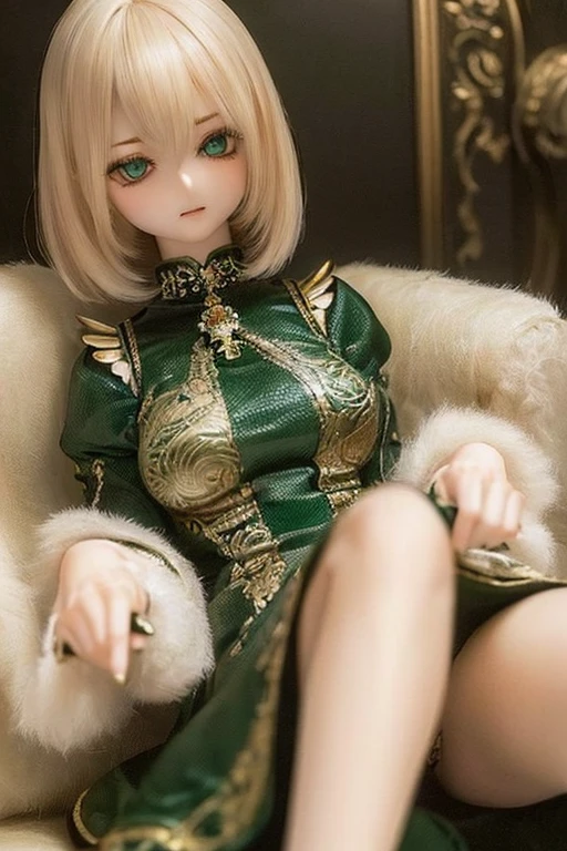 photorealistic, realistic photo, (sfw:2), ((highest quality)), ((masterpiece)), (extremely detailed), kukolnydom, doll, (mature woman:1.6), cowboy shot, solo, (skinny, slender), sitting on sofa, green eyes, almond eyes, (reclining on sofa, looking away, blank eyes, empty eyes, detailed eyes:1.3), dress, museum, 8k