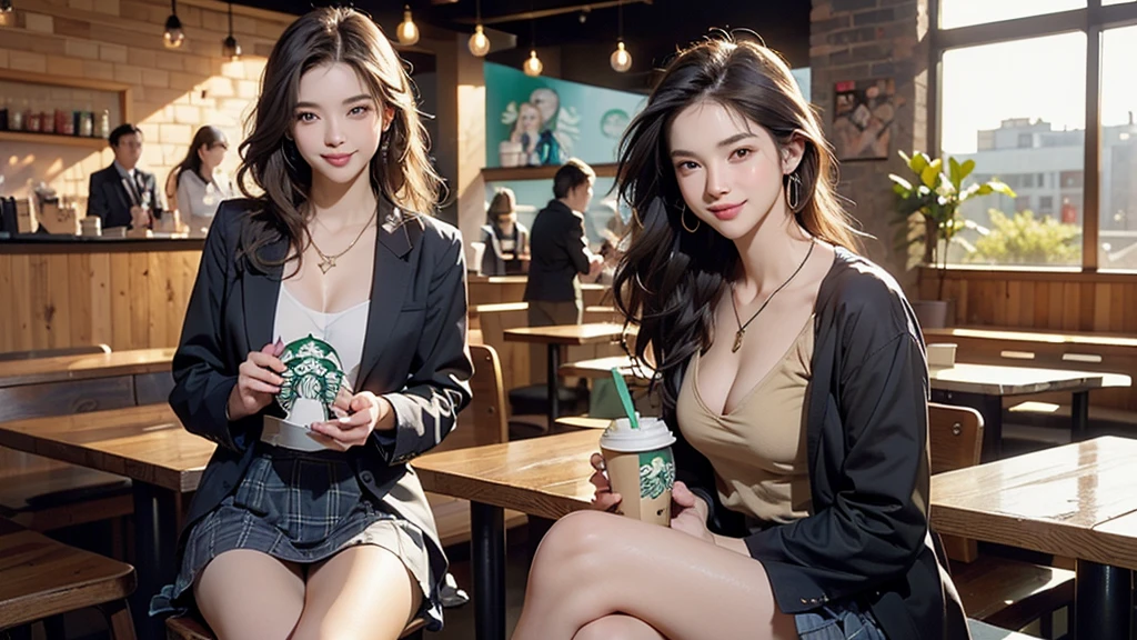 (((night,真night中))),((Perfect Anatomy:1.2,Realistic:1.3,RAW Photos:1.3,masterpiece、Highest quality、Ultra - High resolution、High resolution、Highly detailed CG、8K)),Cowboy Shot,((attractive way to sit)),1 female,alone,18-year-old、High school girl beautiful girl,Japanese,((Beautiful and graceful face and eyes:1.2,Big beautiful eyes:1.3,)),blonde,Long Hair,(Center parted hair:1.4,amount),Medium Chest,Slender body,Small Head:1.3,skinny,(Brown Skin:1.4),(Oily skin,Glowing Skin,Shiny skin,Sweat:1.2),(school uniform、Dark blue blazer jacket、Checkered pleated mini skirt),Dirty back alley、Tokyo、((Turn your body forward))
(((((Inside the Starbucks store)))))、16歳のFemale studentの女、((((Eat cake、Drink coffee、smile))))、((Heart Necklace、Gold bracelet))((Young face))
(((((Stylish interior)))))、
(((Female student)))
((Emphasize cleavage))
((((Woman sitting at the window seat))))