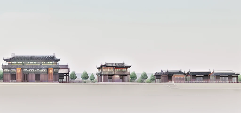 Highest quality,Chinese Ink Painting,antiquity,Rural buildings between mountains and rivers,Rectangular architecture,People view,Glass facades,Clean sky,Clean glass,Trees,Soft sunlight,Decorative Arts,Sloped roof,Best quality,Architectural Photography,Photorealism,Hyperrealism,Ultra Detailed,V-ray,(architectural design)
