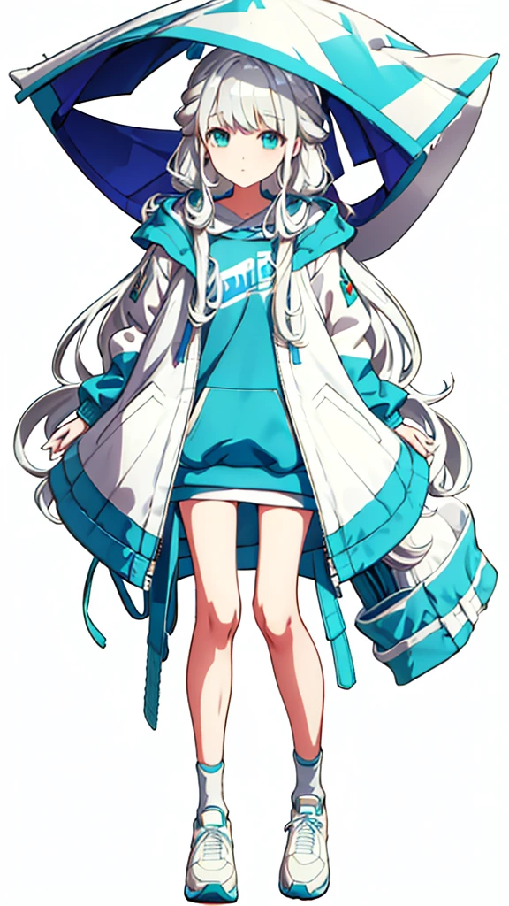 whole body、Character portrait、White Hair、Blue-green eyes、Long Hair、Straight Hair、White hoodie、White shoes、White background、Simple Background