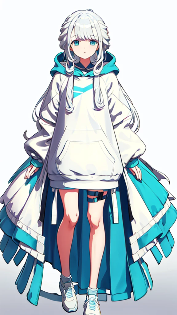 whole body、Character portrait、White Hair、Blue-green eyes、Long Hair、Straight Hair、White hoodie、White shoes、White background、Simple Background