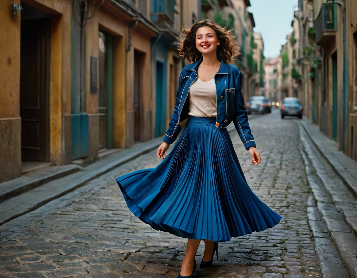 A smiling, authentic, (shy:1,3), kind, beautiful woman, is passionately in love with her skirt, wind lifts her skirt, wearing uniform jacket and very, very detailed (long (fully pleated) full circle skirt) and (low heeled court shoes), very, very intricate hyper-detailed symmetric (attractive graceful young feminine face) with (sad, tired eyes and a loving smile), very voluptuous breasts, full of empathy and compassion and love, (pronounced (feminine) features), (highly detailed ultra accurate realistic) hands and fingers, (windy), epic composition, highly detailed attributes, (35mm f1.4 Kodak portra 400 photograph), extremely high quality RAW photograph, highly detailed atmosphere, sci-fi, cinematic shot, dynamic lighting, 75mm, Technicolor, Panavision, cinemascope, sharp focus, fine details, 8k, HDR, realism, realistic, key visual, film still, superb cinematic color grading, depth of field