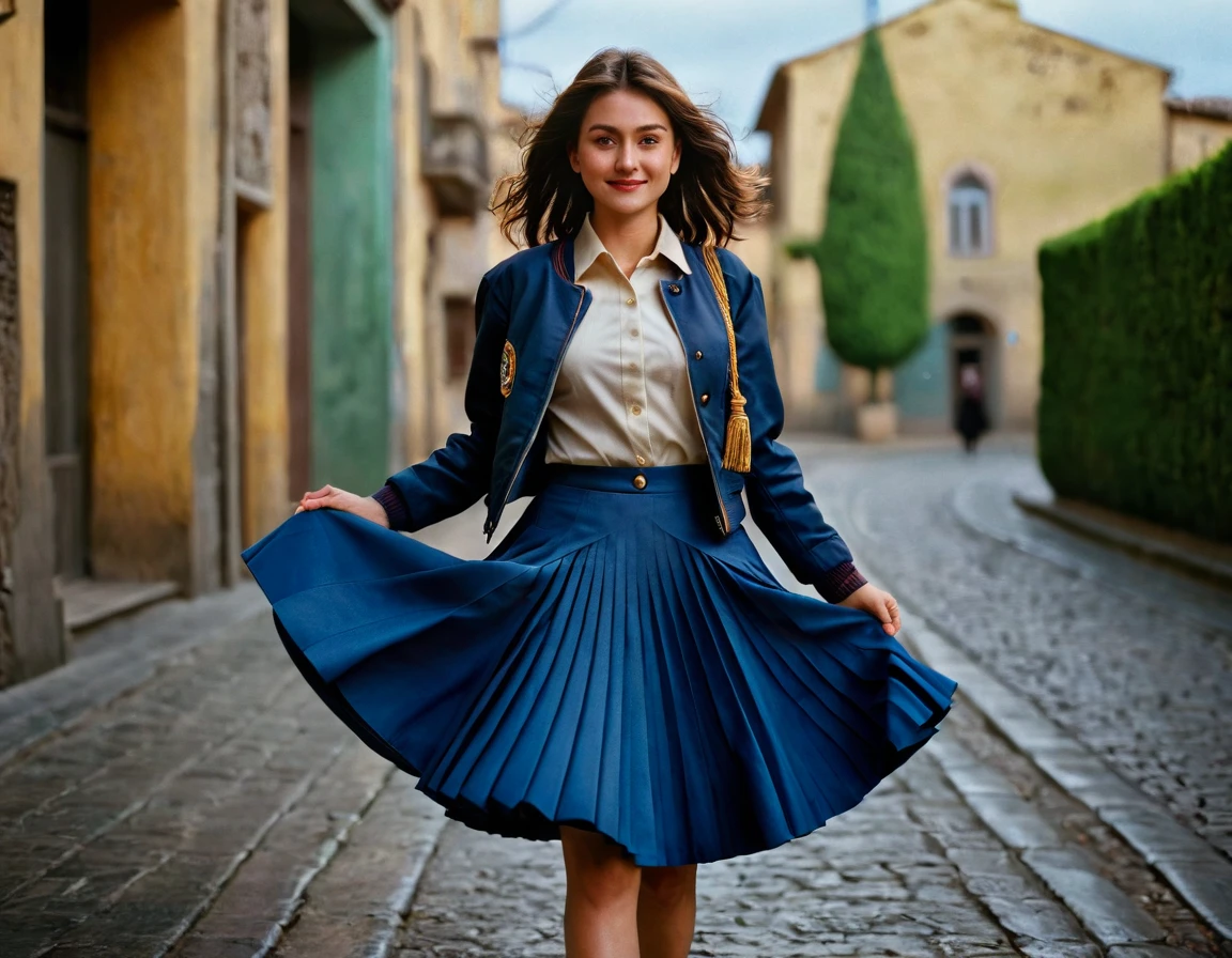 A smiling, authentic, (shy:1,3), kind, beautiful woman, is passionately in love with her skirt, wind lifts her skirt, wearing uniform jacket and very, very detailed (long (fully pleated) full circle skirt) and (low heeled court shoes), very, very intricate hyper-detailed symmetric (attractive graceful young feminine face) with (sad, tired eyes and a loving smile), very voluptuous breasts, full of empathy and compassion and love, (pronounced (feminine) features), (highly detailed ultra accurate realistic) hands and fingers, (windy), epic composition, highly detailed attributes, (35mm f1.4 Kodak portra 400 photograph), extremely high quality RAW photograph, highly detailed atmosphere, sci-fi, cinematic shot, dynamic lighting, 75mm, Technicolor, Panavision, cinemascope, sharp focus, fine details, 8k, HDR, realism, realistic, key visual, film still, superb cinematic color grading, depth of field