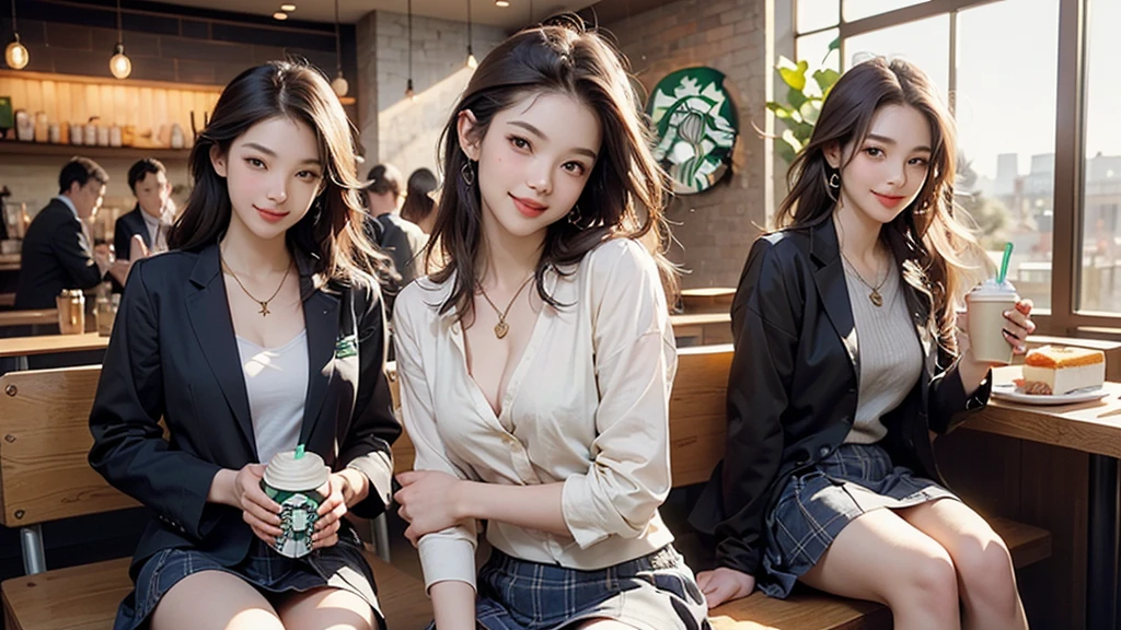 (((night,真night中))),((Perfect Anatomy:1.2,Realistic:1.3,RAW Photos:1.3,masterpiece、Highest quality、Ultra - High resolution、High resolution、Highly detailed CG、8K)),Cowboy Shot,((attractive way to sit)),1 female,alone,18-year-old、High school girl beautiful girl,Japanese,((Beautiful and graceful face and eyes:1.2,Big beautiful eyes:1.3,)),blonde,Long Hair,(Center parted hair:1.4,amount),Medium Chest,Slender body,Small Head:1.3,skinny,(Brown Skin:1.4),(Oily skin,Glowing Skin,Shiny skin,Sweat:1.2),(school uniform、Dark blue blazer jacket、Checkered pleated mini skirt),Dirty back alley、Tokyo、((Turn your body forward))
(((((Inside the Starbucks store)))))、のFemale studentの女、((((Eat cake、Drink coffee、smile))))、((Heart Necklace、Gold bracelet))((Young face))
(((((Stylish interior)))))、
(((Female student)))
((Emphasize cle((((Woman sitting at the window seat))))