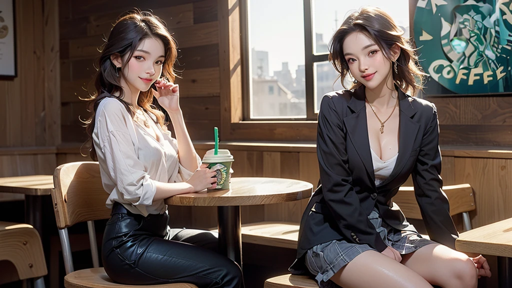 (((night,真night中))),((Perfect Anatomy:1.2,Realistic:1.3,RAW Photos:1.3,masterpiece、Highest quality、Ultra - High resolution、High resolution、Highly detailed CG、8K)),Cowboy Shot,((attractive way to sit)),1 female,alone,18-year-old、High school girl beautiful girl,Japanese,((Beautiful and graceful face and eyes:1.2,Big beautiful eyes:1.3,)),blonde,Long Hair,(Center parted hair:1.4,amount),Medium Chest,Slender body,Small Head:1.3,skinny,(Brown Skin:1.4),(Oily skin,Glowing Skin,Shiny skin,Sweat:1.2),(school uniform、Dark blue blazer jacket、Checkered pleated mini skirt),Dirty back alley、Tokyo、((Turn your body forward))
(((((Inside the Starbucks store)))))、歳のFemale studentの女、((((Eat cake、Drink coffee、smile))))、((Heart Necklace、Gold bracelet))((Young face))
(((((Stylish interior)))))、
(((Female student)))
((Emphasize cleavage))
((((Woman sitting at the window seat))))