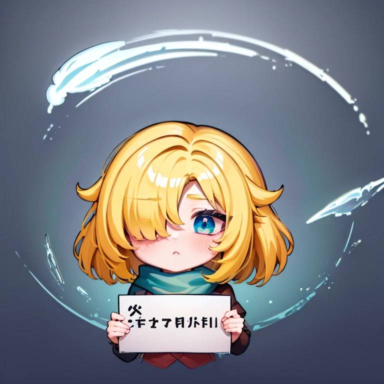 HS, masterpiece, best quality, highres, 1girl, future princess guardian tales, yellow hair, short hair, hair band, bangs, hair over one eye, one eye covered, blue eyes, upper body, green scarf, chibi, chibi emote holding blank sign, simple background, chibi,