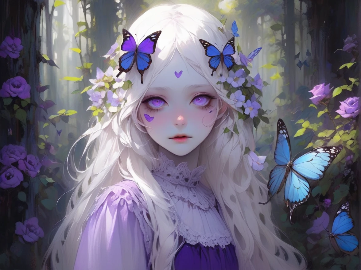 Albino butterfly girl standing, ((above waist)), (largeeyes, Eyes are delicate and beautiful, Beautiful and delicate face, full body detailing), (Gorgeous Hair in Long Purple:1.3) , Through the blue rose bushes and the forest beyond, purple dress, Braces, chewing gum , winking ,(Butterfly wings are long and complex:1.2) Sneakers with socks,