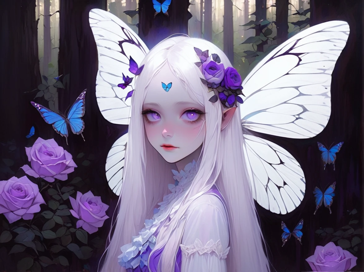 Albino butterfly girl standing, ((above waist)), (largeeyes, Eyes are delicate and beautiful, Beautiful and delicate face, full body detailing), (Gorgeous Hair in Long Purple:1.3) , Through the blue rose bushes and the forest beyond, purple dress, Braces, chewing gum , winking ,(Butterfly wings are long and complex:1.2) Sneakers with socks,