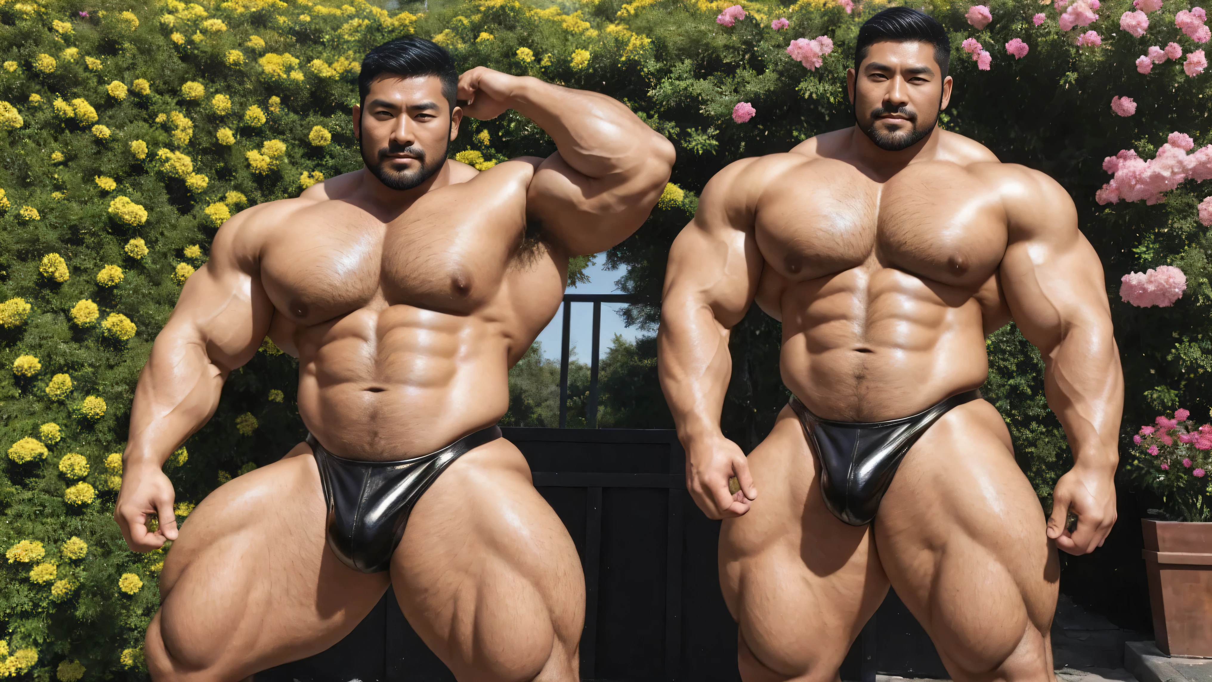 There is only one handsome Asian actor in the photo,35 years old,High target, Fitness,short hair, O-Shaped Beard,Perfect body, Dark skin color,Radiant Skin,Smooth skin,Muscle bulge, muscular, Very large pectoral muscles,Very sexy abdominal muscles,Very well-developed leg muscles,Huge concave and convex area,Brightens oily skin,Wearing black leather shiny thong,Handsome face, Correct and accurate male body proportions, Wear black socks,There are iron chains around the body,Stand among the flowers。
