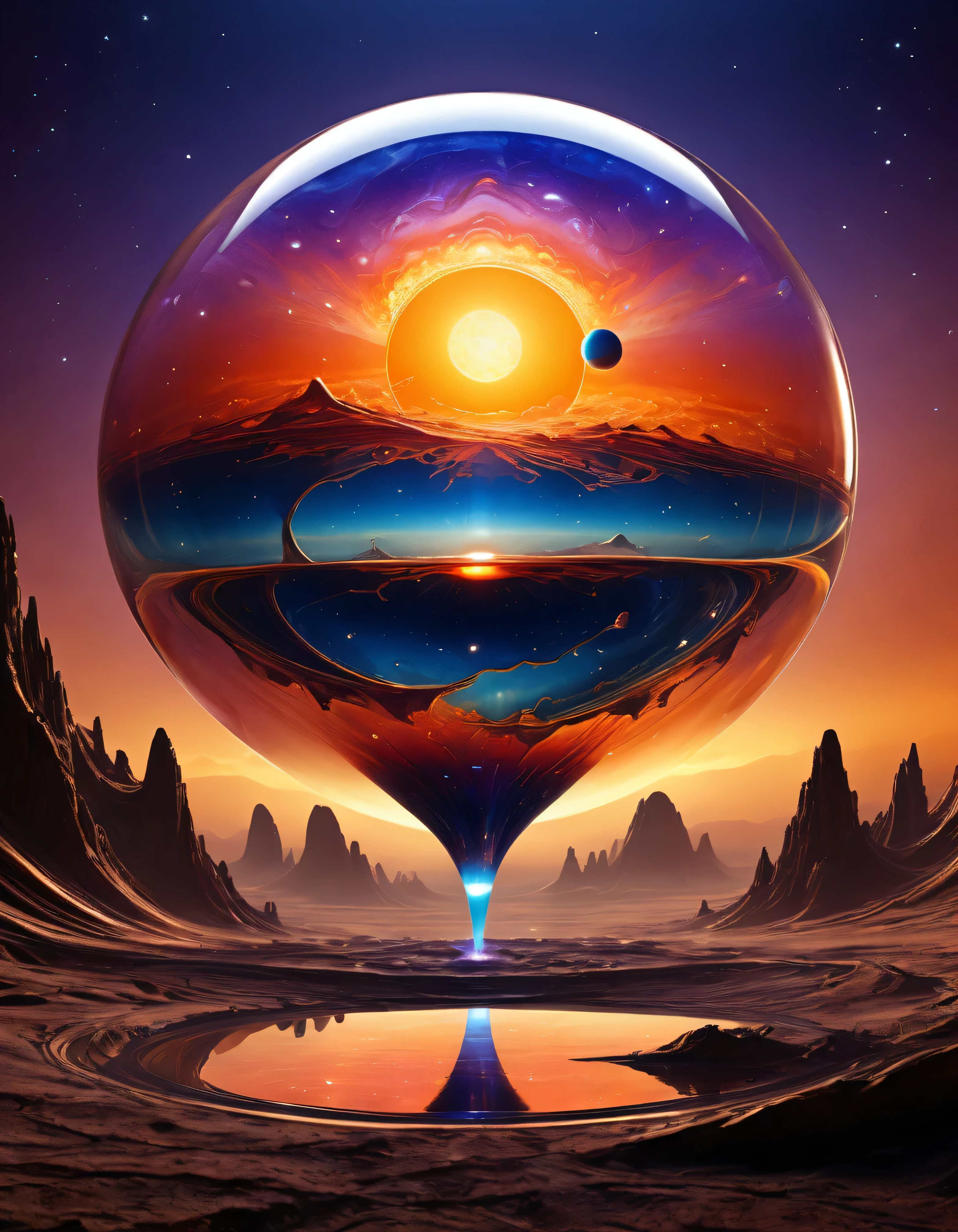 a magnificent sunset on a strange and mysterious alien glass style planete. It's very textured and detailed with dreaming lot of whirlwind and dreaming dust
