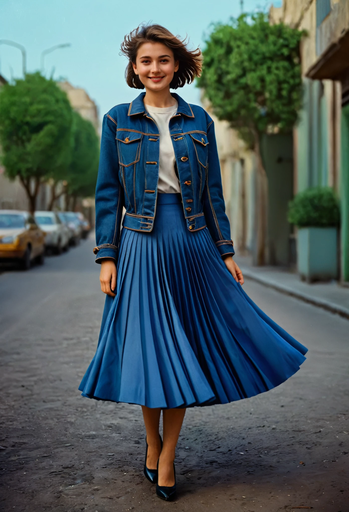 A smiling, authentic, (shy:1,3), kind, beautiful woman, is passionately in love with her skirt, wind lifts her skirt, wearing uniform jacket and very, very detailed (long (fully pleated) full circle skirt) and (low heeled court shoes), very, very intricate hyper-detailed symmetric (attractive graceful young feminine face) with (sad, tired eyes and a loving smile), very voluptuous breasts, full of empathy and compassion and love, (pronounced (feminine) features), (highly detailed ultra accurate realistic) hands and fingers, (windy), epic composition, highly detailed attributes, (35mm f1.4 Kodak portra 400 photograph), extremely high quality RAW photograph, highly detailed atmosphere, sci-fi, cinematic shot, dynamic lighting, 75mm, Technicolor, Panavision, cinemascope, sharp focus, fine details, 8k, HDR, realism, realistic, key visual, film still, superb cinematic color grading, depth of field