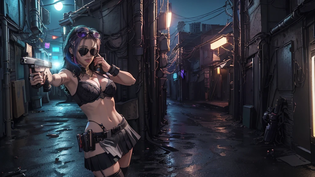 (Realistic:1.4) cyberpunk girl images, (highest quality, 8k, 32k, masterpiece) , (Dynamic pose), ((Front camera)), Cowboy Shot, Shapeless hair, Multicolored Hair, Colorful cyberpunk combat armor, Depth of written interface f/1.8, high angle view of Cyberpunk city (((((at night))))) as background. (((1girl, solo))), photo realistic, (medium-breast slim body, cleavage), (((full bra top, extreamly short pleated (((miniskirt))) exposing panty))), (((((matrix style black sunglasses))))), (((((((aiming at viewer with a (pistol), (looking at camera)))))))), (((((half-body (thigh level) medium shot))))), (cinematic lighting).