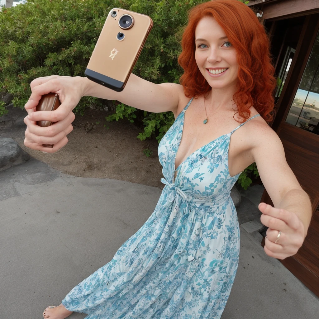 1girl, solo, realistic, anorexia, ((ugly:1.5)), German woman, ((mature)), ((old woman)), ((wrinkled body)), (65-years-old), (German woman features), curly red hair, (German blue-eyes), long curly hair, hair bobbles, light freckles on cheeks and nose, eye wrinkles, plump lips, (German old body), she is Amanda and she has fair skin, (upper body and upper legs), (background: outside Honolulu beachside), wearing maxi dress, smiling, (((ginger-red hair))), (((selfie shot)))