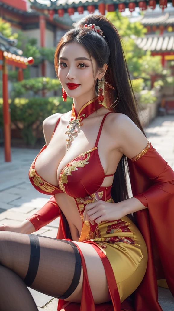 4K, UHD, masterpiece, solo girl, good face, detailed eyes, detailed lips, very long hair, straight hair, very long hair, beautiful hair, bride hair ornaments, hairband, sexy bun with ponytail hair, ((Chinese immortal bride dress), (photorealistic:1.5), (Realistic big breasts:1.35), (Slender six pack abs), (smile), ((NSFW:0)), ((busty Cleavage)), ((( enchanting body, red lipstick, stockings, Chinese courtyard, bold dress, d-cup, breast focus, closeup))), ornaments, necklace, earring, high lighting, depth of field, ray tracing, ultra-realistic detail