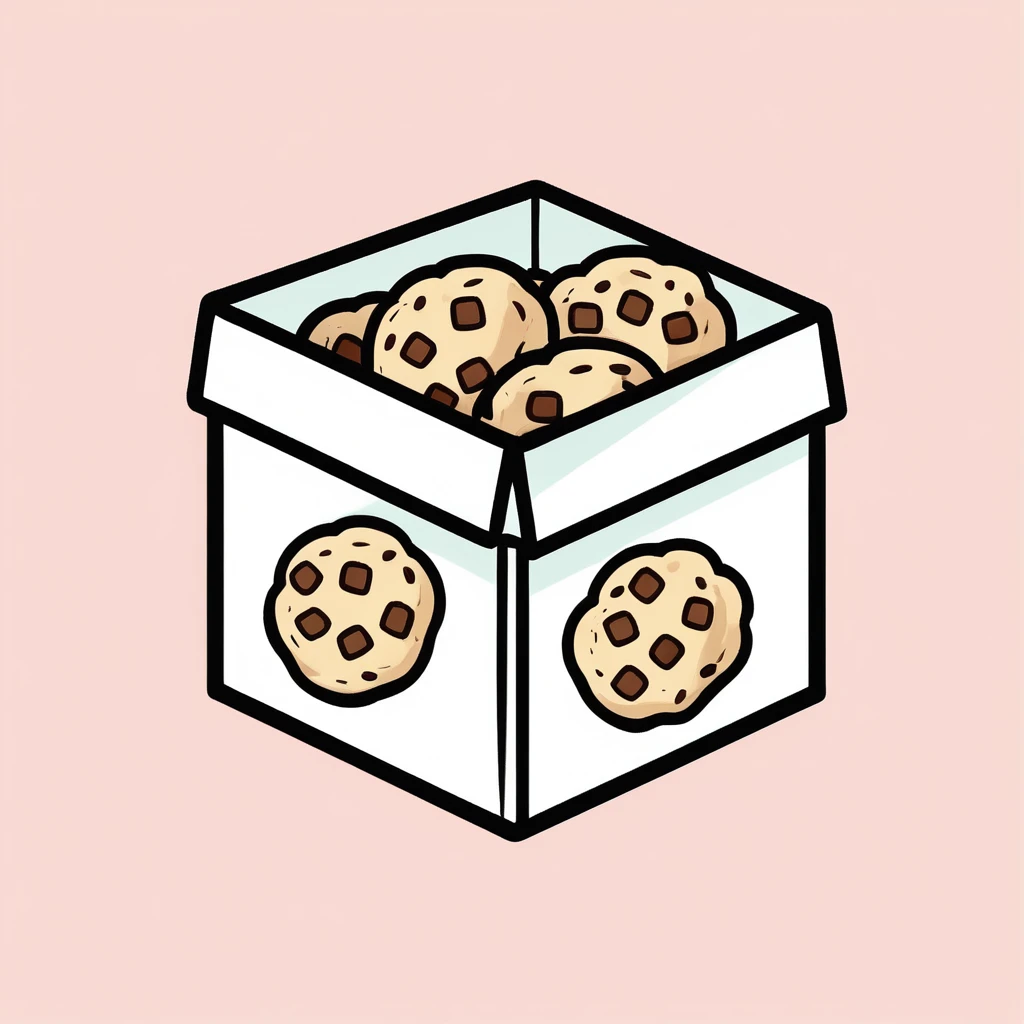 {cookie box}, { Game icons }, Worn Label, Simple Illustration, Brand Logo, Hand-Drawn Style, Moderate Saturation, solid color background, correct, logo