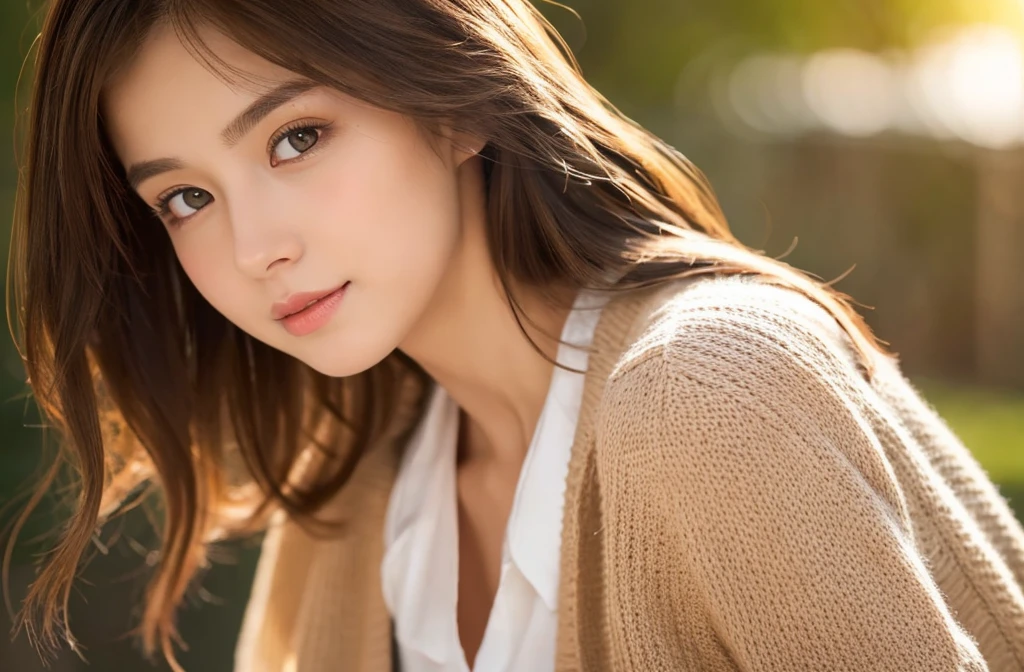 8K, top-quality, masterpiece, realisitic, Photorealsitic, ultra-detailliert, Natural sunlight, extremely detailed face and skin, A detailed eye, Highly detailed face-to-skin intermediate shots, Beautiful woman looking at camera, sexy pose, Beautiful face, Realistic face, Detailed face, Beautiful hairstyle, Realistic eyes, Detailed eyes, Realistic skin, Detailed skin, Beautiful skin, Attractive, A hyper-realistic, Sexy cardigan, Gentle, Brown hair, cute Japanese girls, Full body