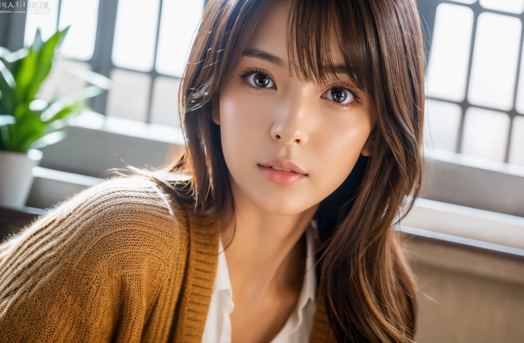 8K, top-quality, masterpiece, realisitic, Photorealsitic, ultra-detailliert, Natural sunlight, extremely detailed face and skin, A detailed eye, Highly detailed face-to-skin intermediate shots, Beautiful woman looking at camera, sexy pose, Beautiful face, Realistic face, Detailed face, Beautiful hairstyle, Realistic eyes, Detailed eyes, Realistic skin, Detailed skin, Beautiful skin, Attractive, A hyper-realistic, Sexy cardigan, Gentle, Brown hair, cute Japanese girls, Full body
