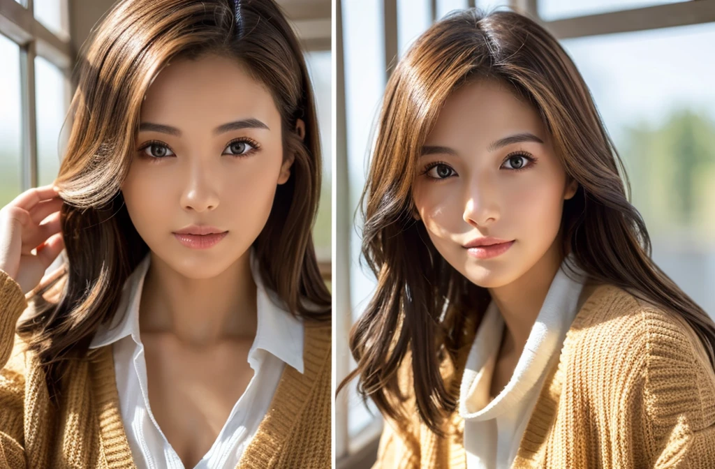 8K, top-quality, masterpiece, realisitic, Photorealsitic, ultra-detailliert, Natural sunlight, extremely detailed face and skin, A detailed eye, Highly detailed face-to-skin intermediate shots, Beautiful woman looking at camera, sexy pose, Beautiful face, Realistic face, Detailed face, Beautiful hairstyle, Realistic eyes, Detailed eyes, Realistic skin, Detailed skin, Beautiful skin, Attractive, A hyper-realistic, Sexy cardigan, Gentle, Brown hair, cute Japanese girls, Full body