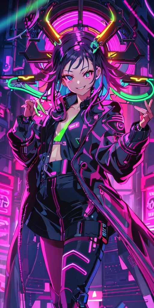 a masterpiece cyberpunk girl in a futuristic city, ((neon light:1.3)), professional lighting, colorful, ultra detailed, ribcage, demonic smile, skull, anime style, long black coat, open shirt, fire
