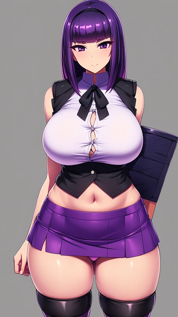  a big age girl big breast beautiful sexy ninja dark purple hair long hip her purple eye black eyelash big round she dresses purple blouse with sleeveless buttons exposed abdomen navel and a short purple skirt pair of net socks Transparent black boot