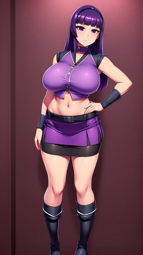  a big  girl big breast beautiful sexy ninja dark purple hair long hip her purple eye black eyelash big round she dresses purple blouse with sleeveless buttons exposed abdomen navel and a short purple skirt pair of net socks Transparent black boot