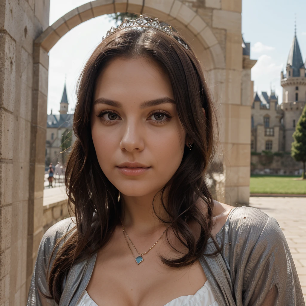 1girl in, 30 years old, Square face, Long hair, Looking at viewer, jewelry, Realistic, Sexy, princess outfit, castle background, free pose full body