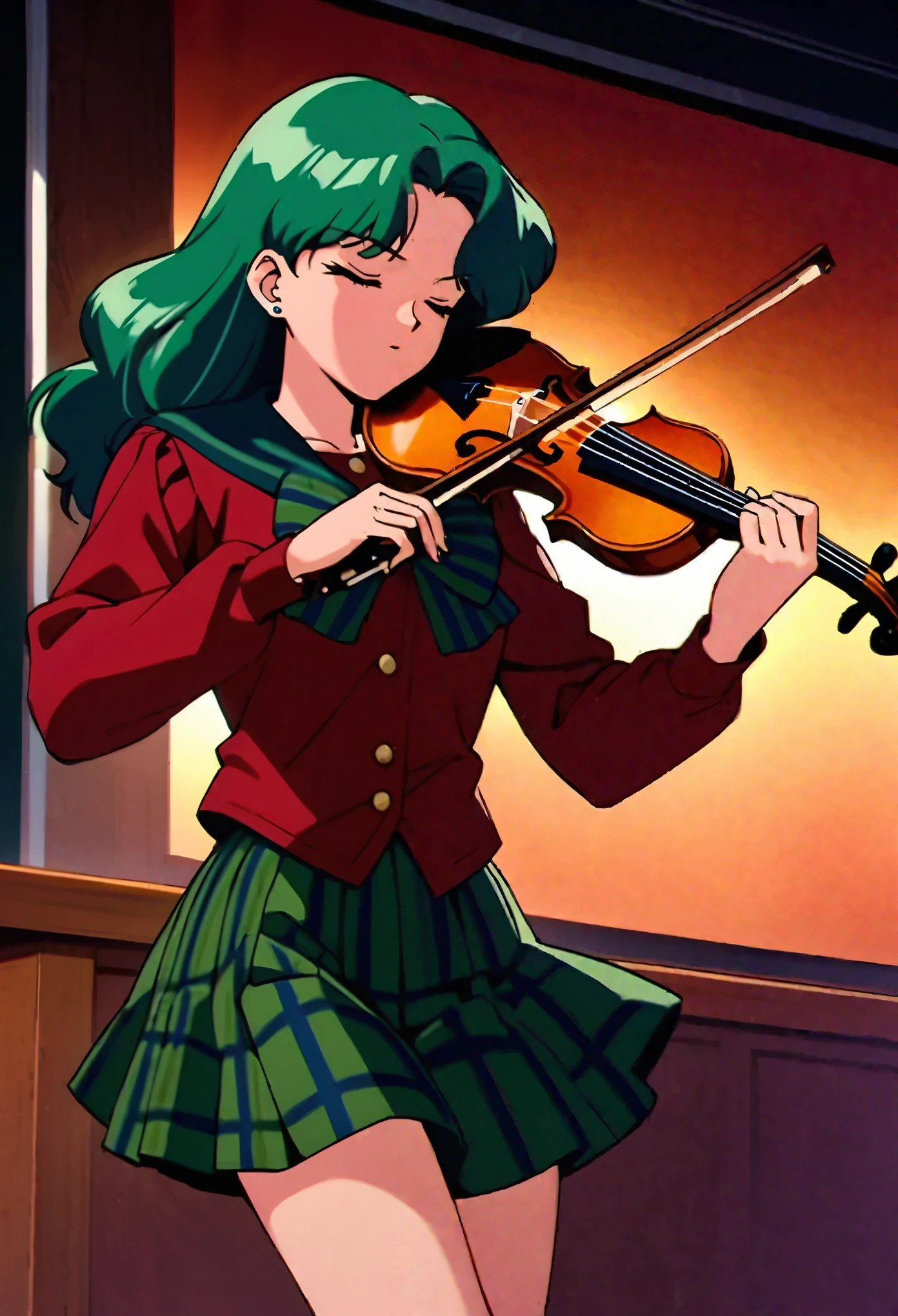 masterpiece,best quality,very aesthetic,ultra detailed,intricate details,Sailor Neptune XL,1990s \(style\),1girl,solo,stud earrings,long hair,green eyes,green hair,instrument,violin,closed eyes,solo,music,skirt,playing instrument,bow,striped bow,mugen ,red shirt,long sleeves,shirt,plaid skirt,striped,plaid,stage curtains,stage lights,