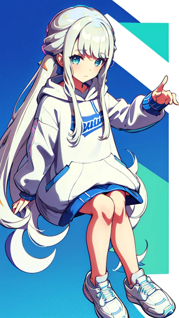 whole body、Character portrait、White Hair、Blue-green eyes、Long Hair、Straight Hair、White hoodie、White shoes、White background、Simple Background