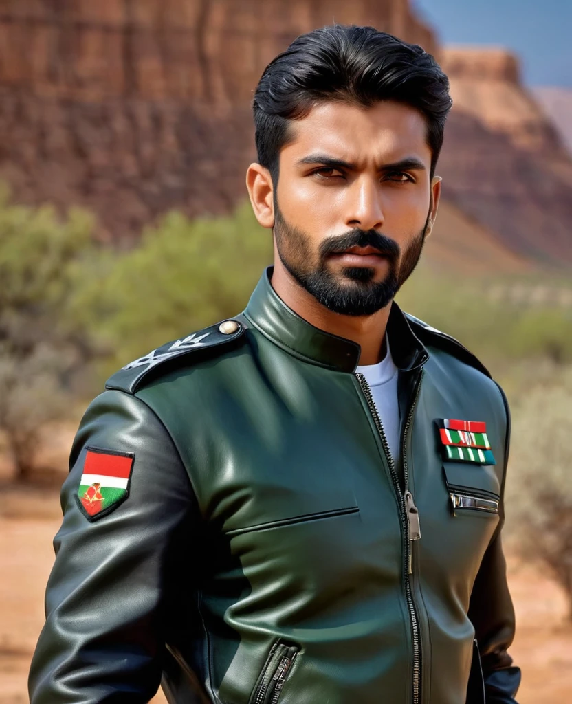 A india soldier with uniform, medium-sized male, resilient and robust, with military-shaved short hair and a well-trimmed, orderly short beard. His light green eyes radiate intensity. The upper body is strong but not excessively muscular, showcasing a blend of strength and elegance. He's dressed in a black leather jacket over a white shirt, creating a sophisticated appearance. This masterpiece of hyperrealism captures the subject in high dynamic range to emphasize the intricate details of his features and attire. The background is a magnificent landscape of a plateau, flat, mesa, under fading illumination, simulating a photograph shot with a Sony A00 with Sony E 35mm f-1.8 OSS. The image has a high pixel density for a sharp and detailed visual experience.