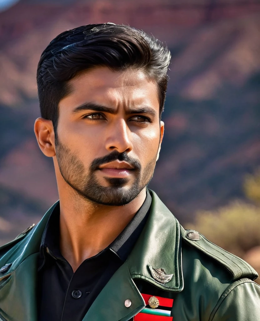 A india soldier with uniform, medium-sized male, resilient and robust, with military-shaved short hair and a well-trimmed, orderly short beard. His light green eyes radiate intensity. The upper body is strong but not excessively muscular, showcasing a blend of strength and elegance. He's dressed in a black leather jacket over a white shirt, creating a sophisticated appearance. This masterpiece of hyperrealism captures the subject in high dynamic range to emphasize the intricate details of his features and attire. The background is a magnificent landscape of a plateau, flat, mesa, under fading illumination, simulating a photograph shot with a Sony A00 with Sony E 35mm f-1.8 OSS. The image has a high pixel density for a sharp and detailed visual experience.