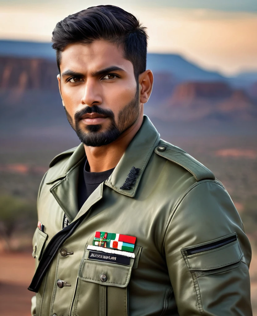 A india soldier with uniform, medium-sized male, resilient and robust, with military-shaved short hair and a well-trimmed, orderly short beard. His light green eyes radiate intensity. The upper body is strong but not excessively muscular, showcasing a blend of strength and elegance. He's dressed in a black leather jacket over a white shirt, creating a sophisticated appearance. This masterpiece of hyperrealism captures the subject in high dynamic range to emphasize the intricate details of his features and attire. The background is a magnificent landscape of a plateau, flat, mesa, under fading illumination, simulating a photograph shot with a Sony A00 with Sony E 35mm f-1.8 OSS. The image has a high pixel density for a sharp and detailed visual experience.