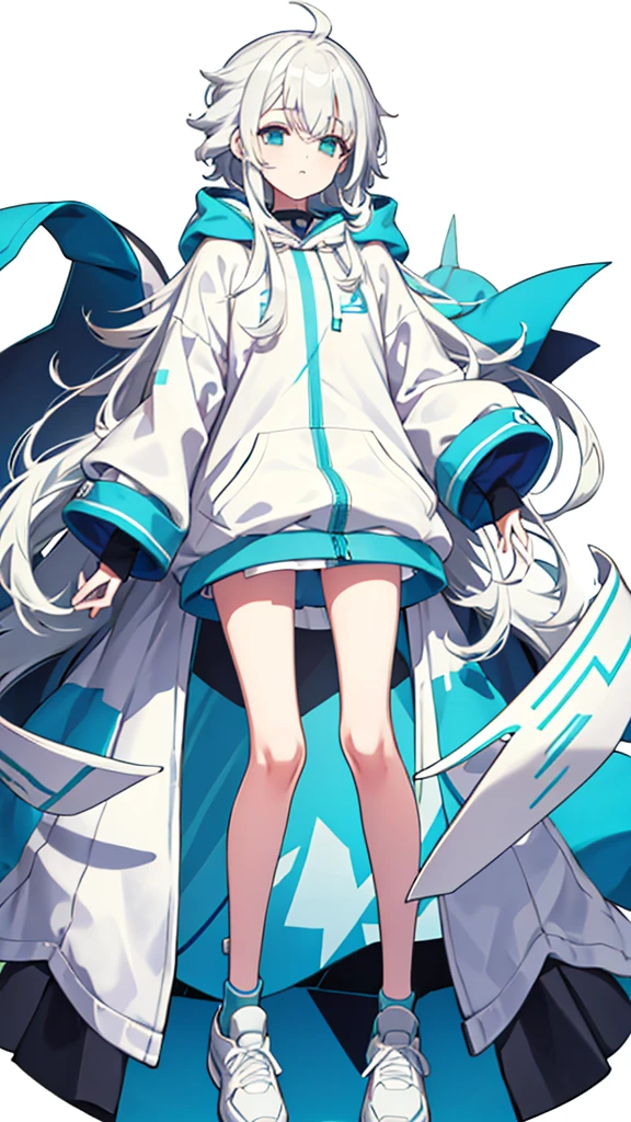 whole body、Character portrait、White Hair、Blue-green eyes、Long Hair、Straight Hair、White hoodie、White shoes、White background、Simple Background