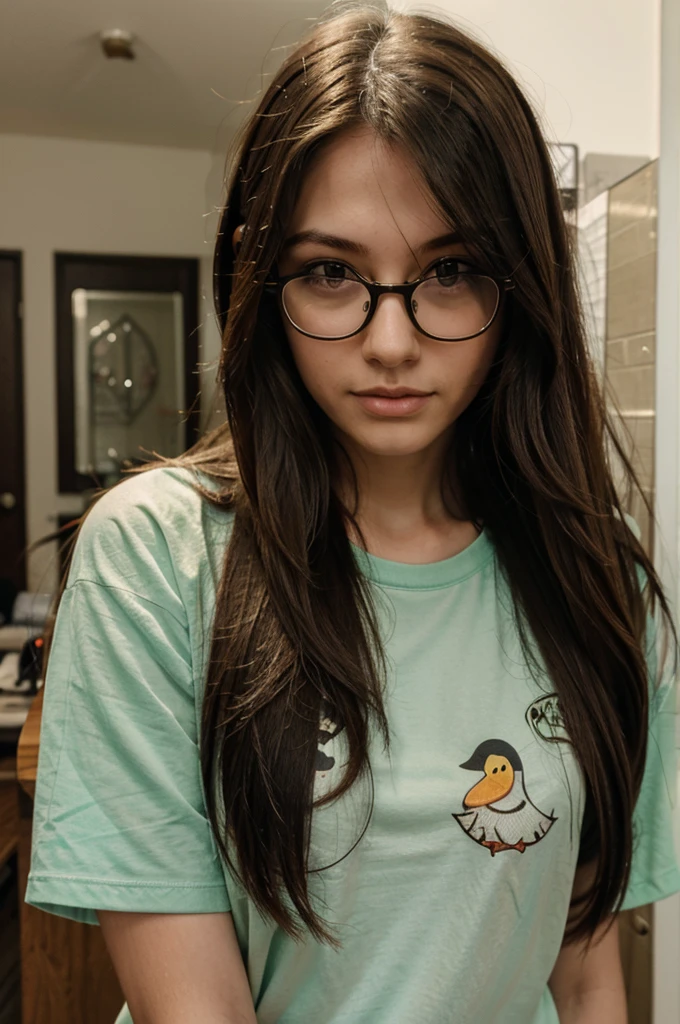 Long hair wearing glasses wearing a duck shirt